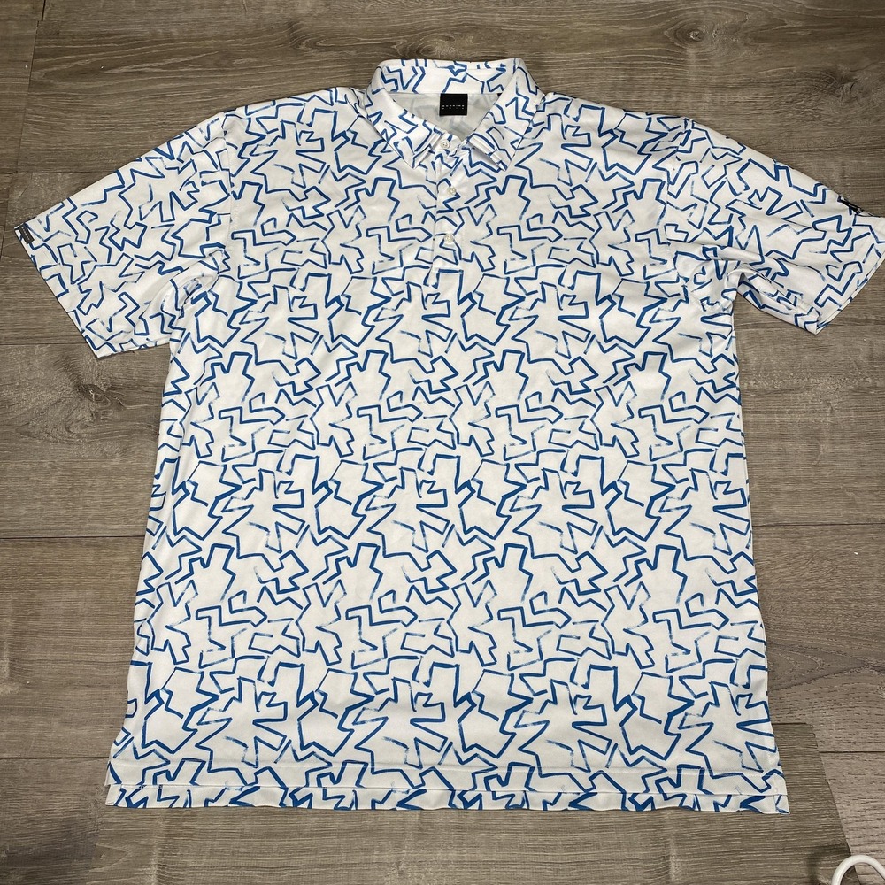 Dunning Golf Polo Shirt Mens 2XL‎ White Blue Abstract Print Performance Stretch